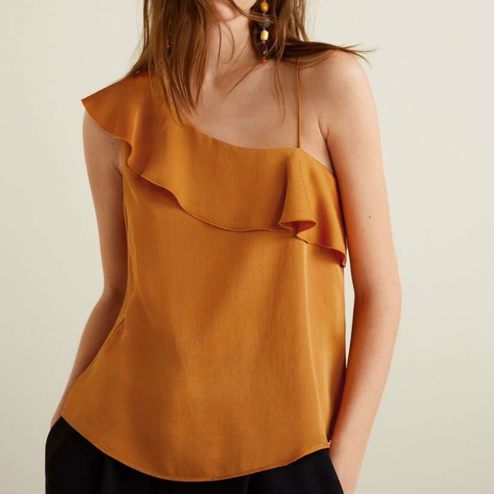 Mango Suit Asymmetrical Ruffle One Shoulder Satin Blouse